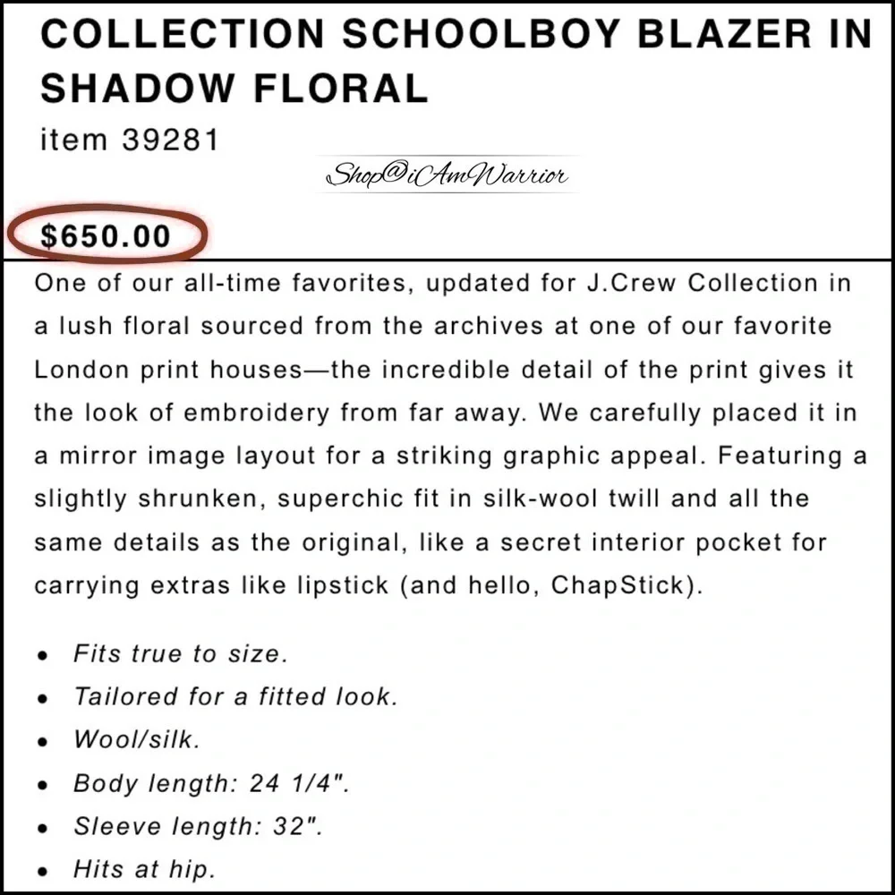 J.Crew Collection floral silk blend blend schoolboy blazer *shop@iamwarrior